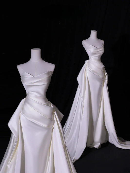 Simple Long Wedding Dresses Mermaid White Mermaid Satin Pleats Wedding Dress Silky Satin Style For Brides Fitted Bridal Gowns AS418