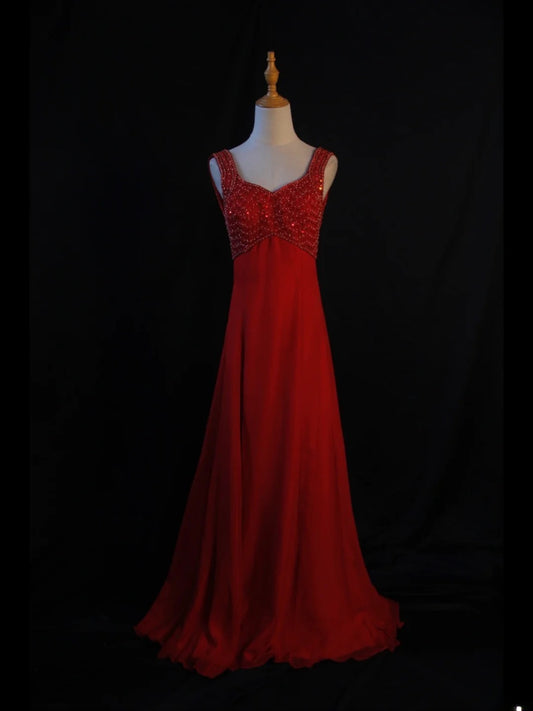 Vintage A Line Sweetheart Red Chiffon 1950s With Beaded Bodice Long Prom Max Dresses Inspo Birthday Outfit Formal Dress For Women AS419