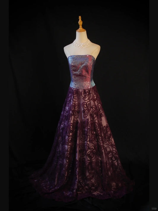 Vintage A Line Strapless Purple 1950s With Floral Ruffled Beaded Bodice Long Prom Dresses Inspo Birthday Outfit Formal Dress For Woman AS420