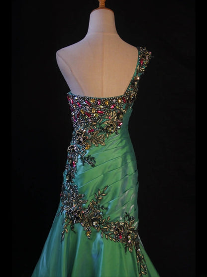 Retro 1950s Mermaid One Shoulder Dark Green Satin With Beads Long Prom Dresses Inspo 22th Birthday Outfit Formal Dress AS421