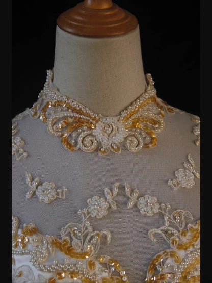 Women's Elegant High Neck Vintage With Sleeves Satin Wedding Dress for Bride Sweep Train Wedding Dresses AS422