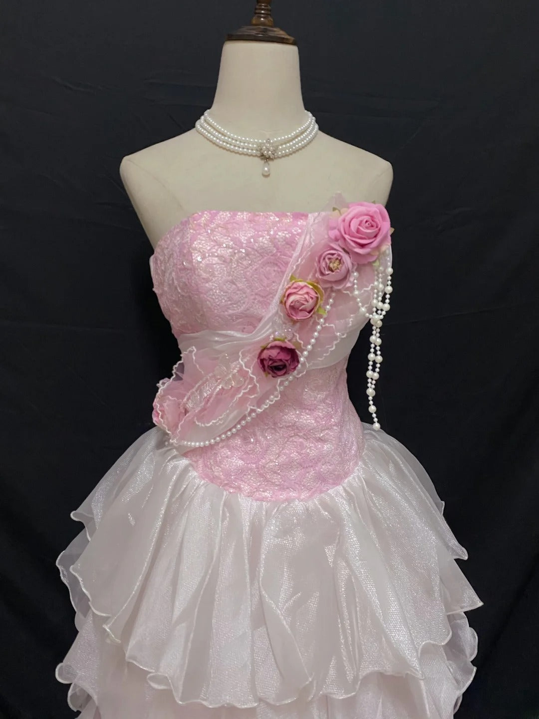 Vintage 90s A Line Strapless Pink Chiffon With Tiered Ruffled Long Prom Dresses Formal Outfit Evening Night Dress RB7876