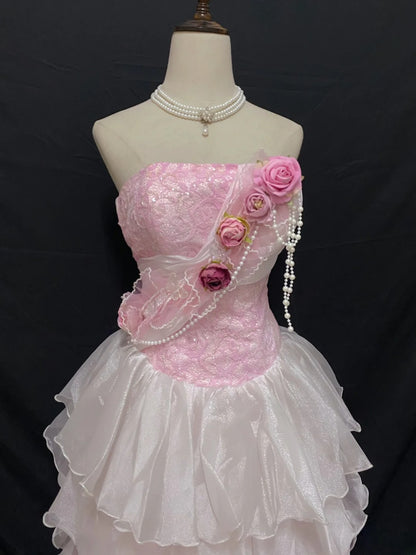 Vintage 90s A Line Strapless Pink Chiffon With Tiered Ruffled Long Prom Dresses Formal Outfit Evening Night Dress RB7876