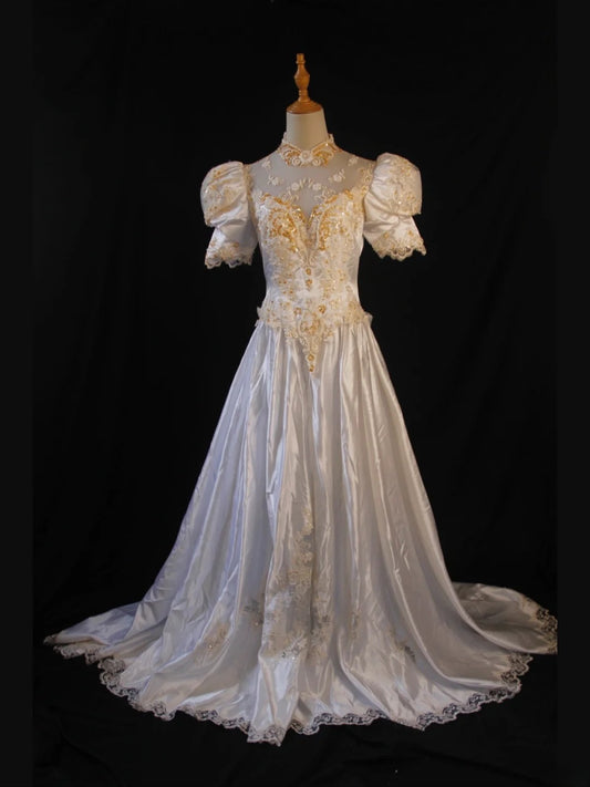 Women's Elegant High Neck Vintage With Sleeves Satin Wedding Dress for Bride Sweep Train Wedding Dresses AS422