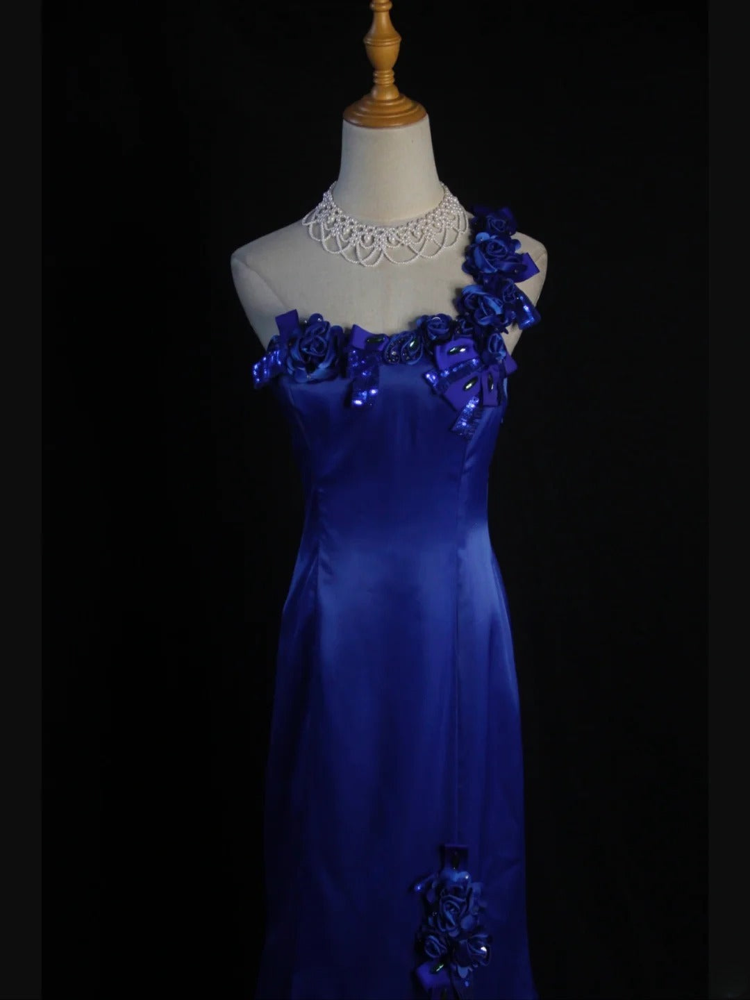 Retro 1950s Mermaid One Shoulder Royal Blue Satin With Flowers Slit Long Prom Dresses Inspo 22th Birthday Outfit Formal Dress AS425