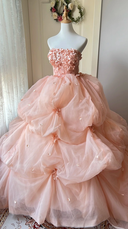 Sweet 16 Dress Ideas Ball Gown Strapless Blush Pink With Tiered Flowers Ball Gown Sweet Sixteen 16th Birthday Dresses RC0745