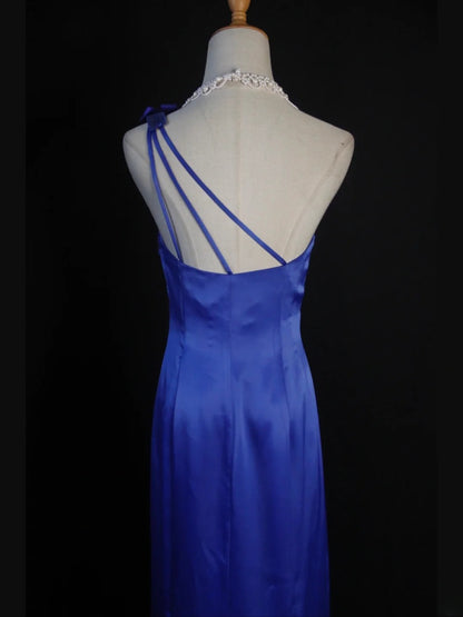Retro 1950s Mermaid One Shoulder Royal Blue Satin With Flowers Slit Long Prom Dresses Inspo 22th Birthday Outfit Formal Dress AS425