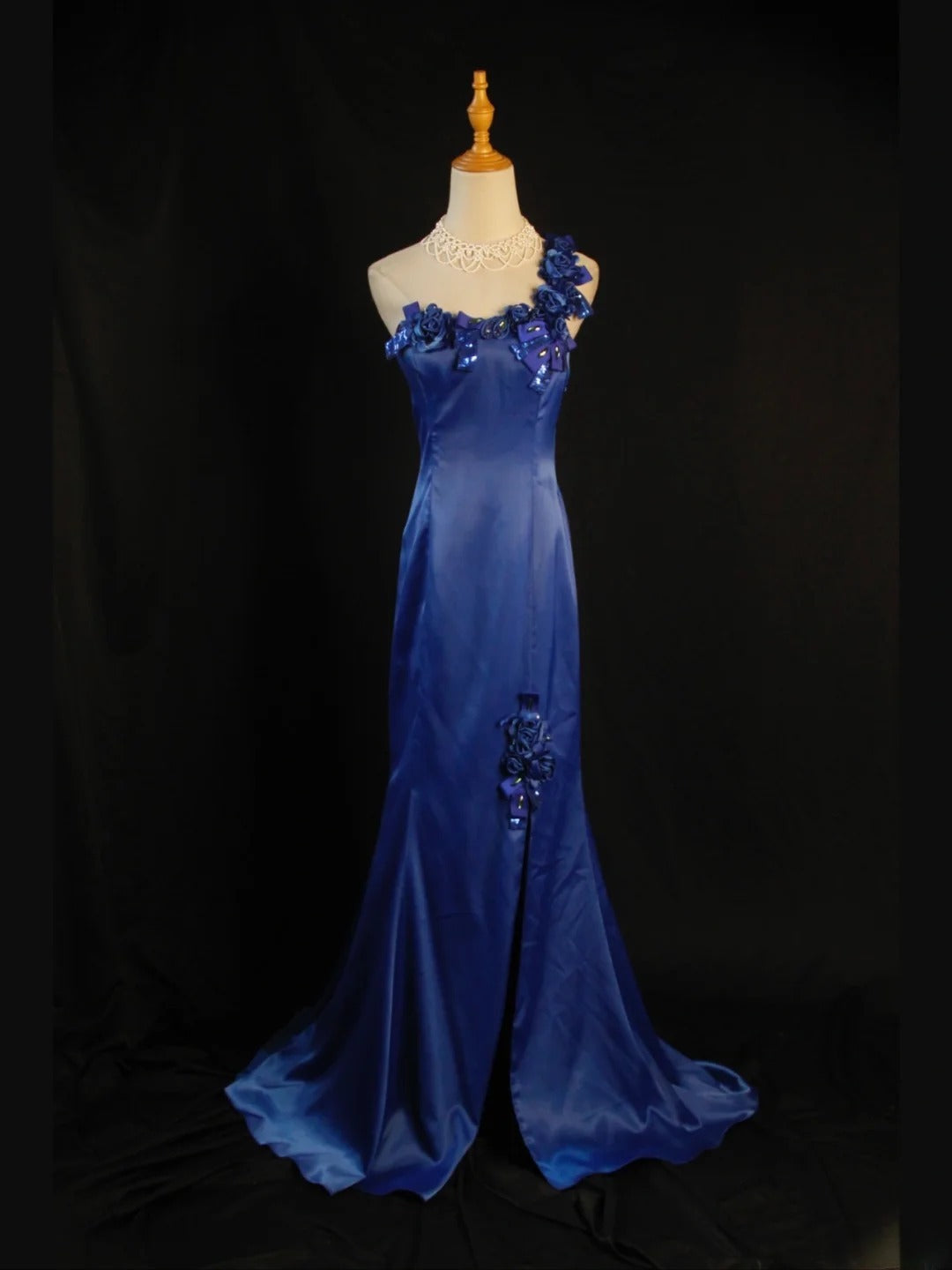 Retro 1950s Mermaid One Shoulder Royal Blue Satin With Flowers Slit Long Prom Dresses Inspo 22th Birthday Outfit Formal Dress AS425