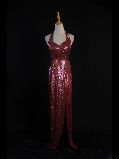 Vintage A Line Halter Burgundy Sequins 1950s With Slit Beaded Bodice Long Prom Dresses Inspo Birthday Outfit Formal Dress For Woman AS426