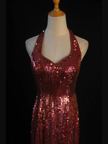 Vintage A Line Halter Burgundy Sequins 1950s With Slit Beaded Bodice Long Prom Dresses Inspo Birthday Outfit Formal Dress For Woman AS426