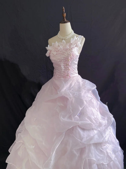 Princess Vibes Ball Gown One Shoulder Pink Organza Long With Flowers Ruffled Corset Fitted Back Quince Dress inspo Quinceanera Dresses Sweet 16 Outfit RB7880