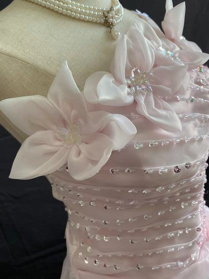 Princess Vibes Ball Gown One Shoulder Pink Organza Long With Flowers Ruffled Corset Fitted Back Quince Dress inspo Quinceanera Dresses Sweet 16 Outfit RB7880