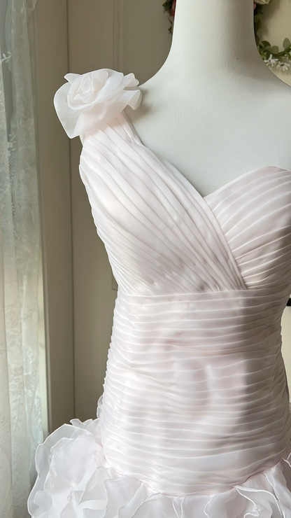 Modest Prom Dresses Mermaid One Shoulder Pink With Tiered Layers Long Evening Outfits RC0748