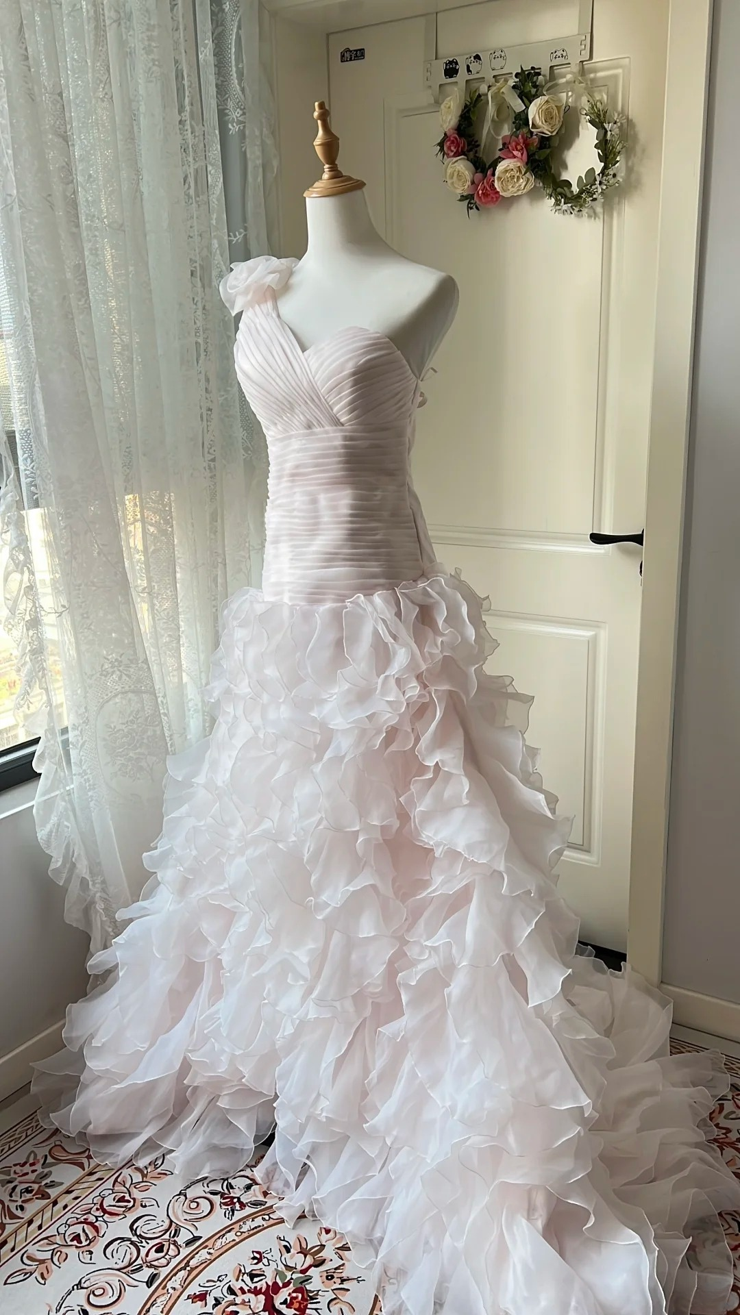 Modest Prom Dresses Mermaid One Shoulder Pink With Tiered Layers Long Evening Outfits RC0748