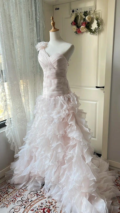 Modest Prom Dresses Mermaid One Shoulder Pink With Tiered Layers Long Evening Outfits RC0748