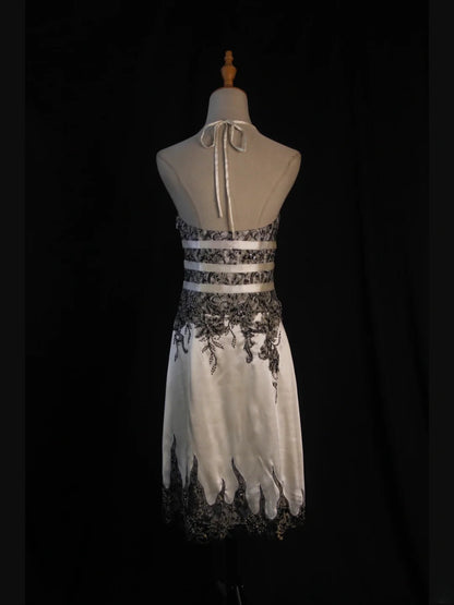 Vintage A line Halter Black Lace With Beads White Short 18th Birthday Dress Homecoming Dresses Cocktail Gown AS430