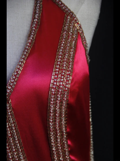 Vintage A Line Halter Hot Pink Satin 1950s With Beaded Bodice Long Prom Dresses Inspo Birthday Outfit Formal Dress For Women AS432