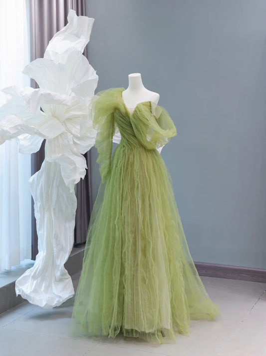Modest Prom Dresses Aesthetic A Line One Shoulder Sage Green Tulle Inspiration Impress Long Party Formal Gown For Teenagers High Schools AS432