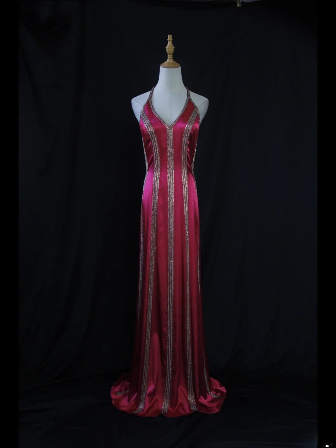 Vintage A Line Halter Hot Pink Satin 1950s With Beaded Bodice Long Prom Dresses Inspo Birthday Outfit Formal Dress For Women AS432
