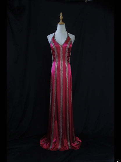 Vintage A Line Halter Hot Pink Satin 1950s With Beaded Bodice Long Prom Dresses Inspo Birthday Outfit Formal Dress For Women AS432