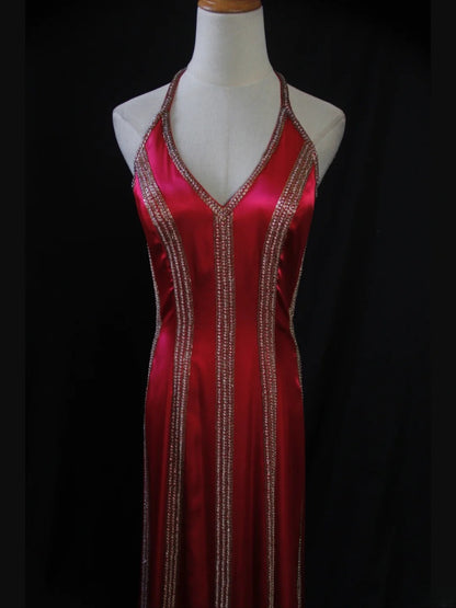 Vintage A Line Halter Hot Pink Satin 1950s With Beaded Bodice Long Prom Dresses Inspo Birthday Outfit Formal Dress For Women AS432