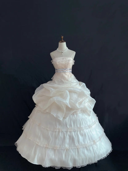 Sweety Ball Gown Strapless Light Pink Organza Long With Ruffled Tiered Quince Dress inspo Quinceanera Dresses Sweet 16 Outfit RB7887