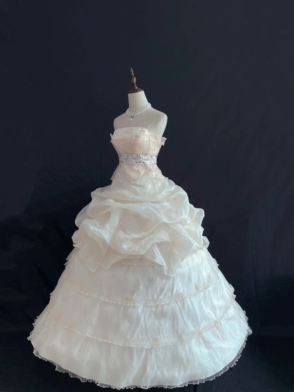 Sweety Ball Gown Strapless Light Pink Organza Long With Ruffled Tiered Quince Dress inspo Quinceanera Dresses Sweet 16 Outfit RB7887