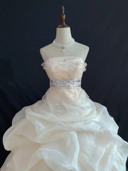 Sweety Ball Gown Strapless Light Pink Organza Long With Ruffled Tiered Quince Dress inspo Quinceanera Dresses Sweet 16 Outfit RB7887