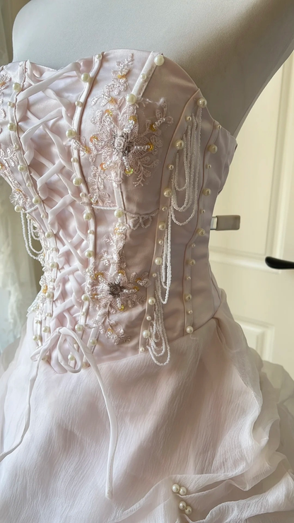 Sweet 15 Dress Quinceanera Dresses Ball Gown Strapless Light Pink Tulle With Appliques Long 16th Birthday Outfits RC0754