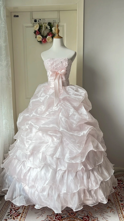 Elegant Prom Dresses Ball Gown Strapless Light Pink With Tiered Layers Long Evening Outfits RC0755