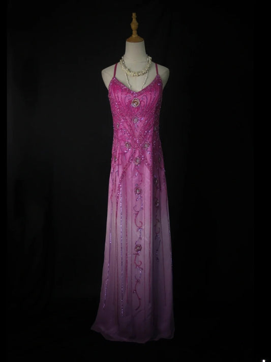 Vintage A Line Halter White Pink Ombre Chiffon 1950s With Beaded Bodice Long Prom Dresses Inspo Birthday Outfit Formal Dress For Women AS435