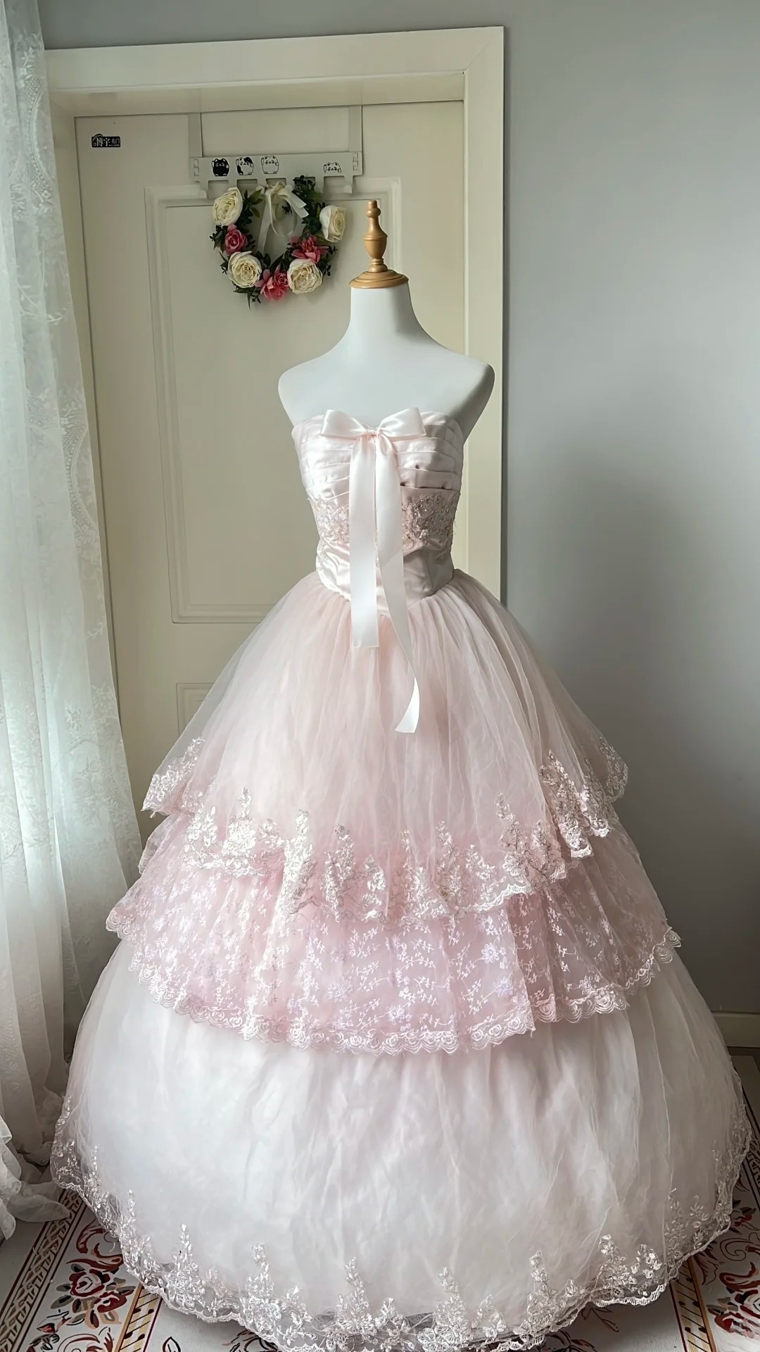 Sweet 15 Dress Quinceanera Dresses Ball Gown Strapless Light Pink Tulle With Lace Long 16th Birthday Outfits RC0755