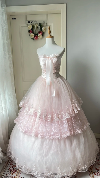 Sweet 15 Dress Quinceanera Dresses Ball Gown Strapless Light Pink Tulle With Lace Long 16th Birthday Outfits RC0755