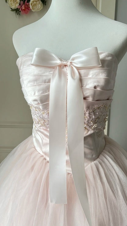 Sweet 15 Dress Quinceanera Dresses Ball Gown Strapless Light Pink Tulle With Lace Long 16th Birthday Outfits RC0755