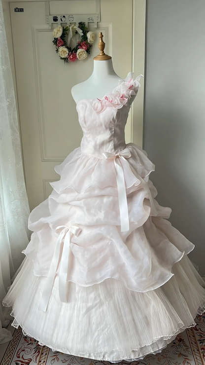 Elegant Prom Dresses Ball Gown One Shoulder Light Pink With Tiered Layers Long Graduation Dance Outfits RC0756