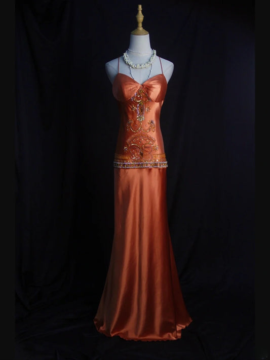 Vintage Mermaid Spaghetti Straps Orange Satin 80s With Beaded Bodice Long Prom Dresses Inspo Birthday Outfit Formal Dress For Women AS437