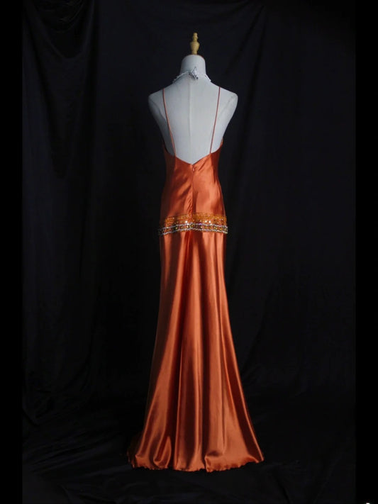 Vintage Mermaid Spaghetti Straps Orange Satin 80s With Beaded Bodice Long Prom Dresses Inspo Birthday Outfit Formal Dress For Women AS437