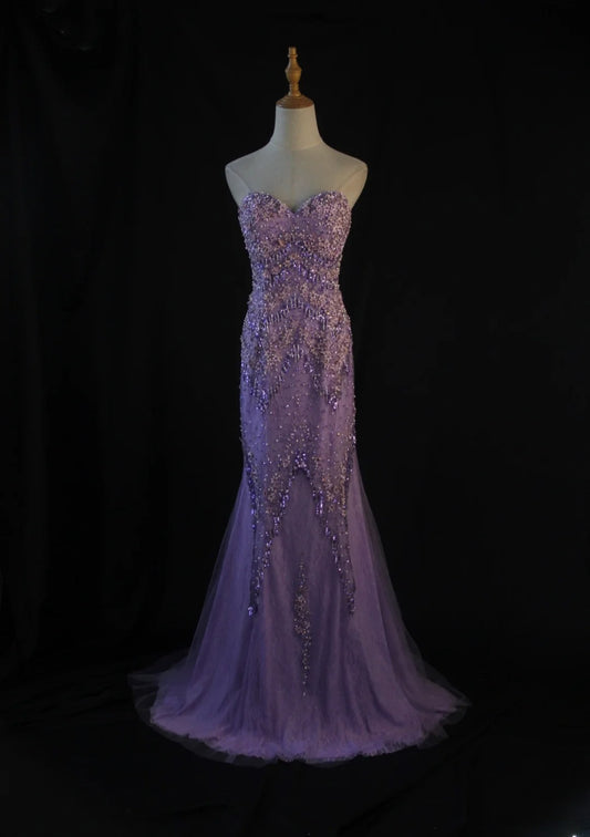 Vintage Mermaid Sweetheart Lilac Tulle 1950s With Beads Bodice Long Prom Dresses Inspo 18th Birthday Outfit Formal Gown AS439