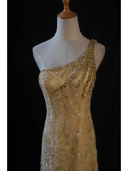 Retro 1950s Mermaid One Shoulder Yellow Chiffon With Gold Beads Lace Long Prom Dresses Inspo 22th Birthday Outfit Formal Dress AS440