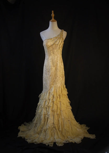 Retro 1950s Mermaid One Shoulder Yellow Chiffon With Gold Beads Lace Long Prom Dresses Inspo 22th Birthday Outfit Formal Dress AS440