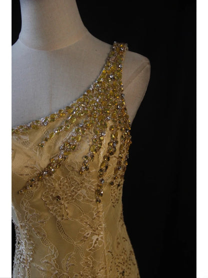 Retro 1950s Mermaid One Shoulder Yellow Chiffon With Gold Beads Lace Long Prom Dresses Inspo 22th Birthday Outfit Formal Dress AS440