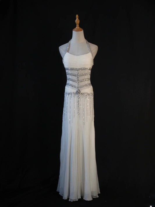 Vintage Mermaid Halter White Chiffon 80s With Silver Beaded Bodice Long Prom Dresses Inspo Birthday Outfit Formal Dress For Women AS441