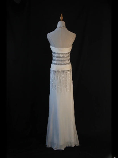 Vintage Mermaid Halter White Chiffon 80s With Silver Beaded Bodice Long Prom Dresses Inspo Birthday Outfit Formal Dress For Women AS441