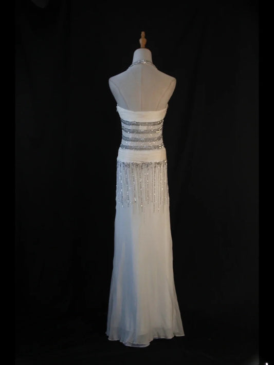 Vintage Mermaid Halter White Chiffon 80s With Silver Beaded Bodice Long Prom Dresses Inspo Birthday Outfit Formal Dress For Women AS441