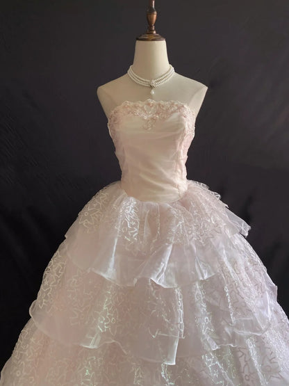 Sweety Ball Gown Strapless Pink Lace Long With Tiered Layers Quince Dress inspo Quinceanera Dresses Formal Birthday Outfit RB7897