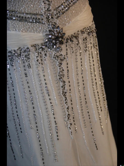 Vintage Mermaid Halter White Chiffon 80s With Silver Beaded Bodice Long Prom Dresses Inspo Birthday Outfit Formal Dress For Women AS441
