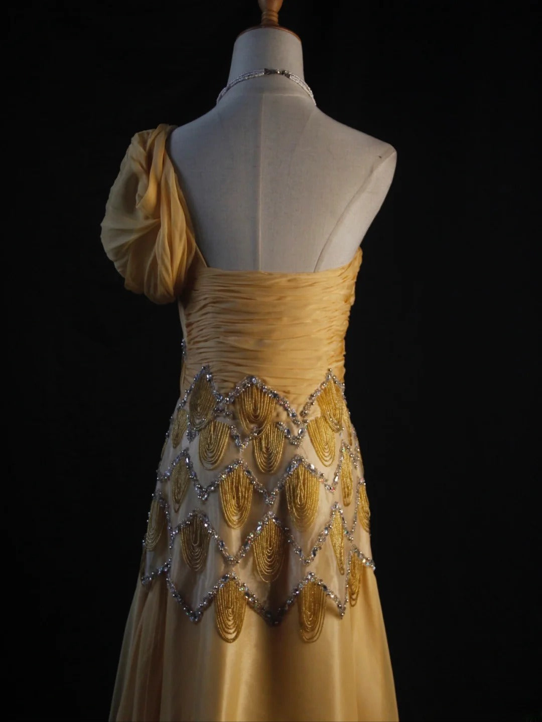 Retro 1950s A Line One Shoulder Yellow Chiffon With Silver Beads Long Prom Dresses Inspo 22th Birthday Outfit Formal Dress AS443