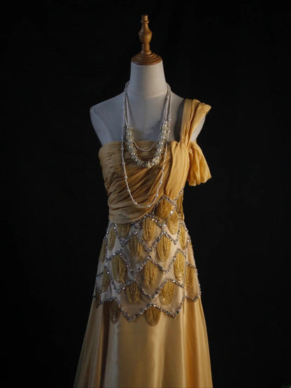 Retro 1950s A Line One Shoulder Yellow Chiffon With Silver Beads Long Prom Dresses Inspo 22th Birthday Outfit Formal Dress AS443