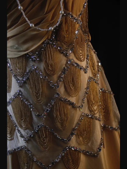 Retro 1950s A Line One Shoulder Yellow Chiffon With Silver Beads Long Prom Dresses Inspo 22th Birthday Outfit Formal Dress AS443