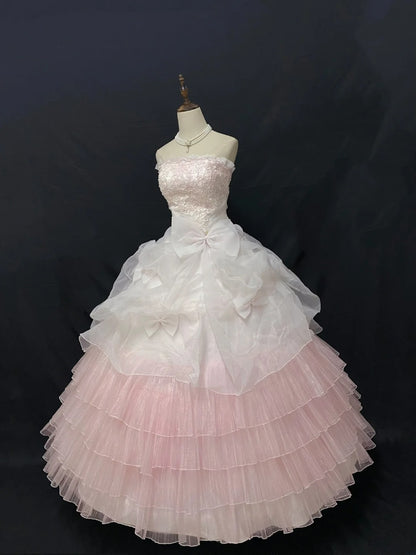 Cute Ball Gown Strapless Pink Lace Long With Tiered Layers Quince Dress inspo Quinceanera Dresses Formal 18th Birthday Outfit RB7899